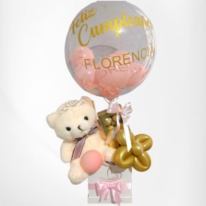 Caja kidt+tiara+globo personalizado+bombones+rosa de globos
